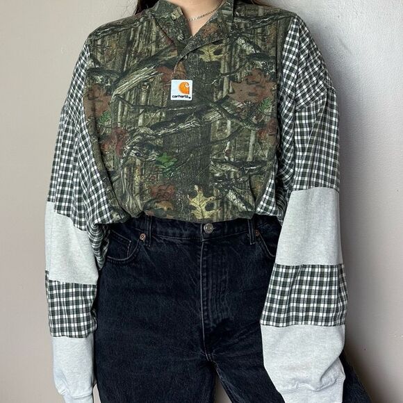 Reworked Carhartt Upcycled Camo Long Sleeve Flannel Sweater Relaxed Baggy Shirt - Picture 2 of 4